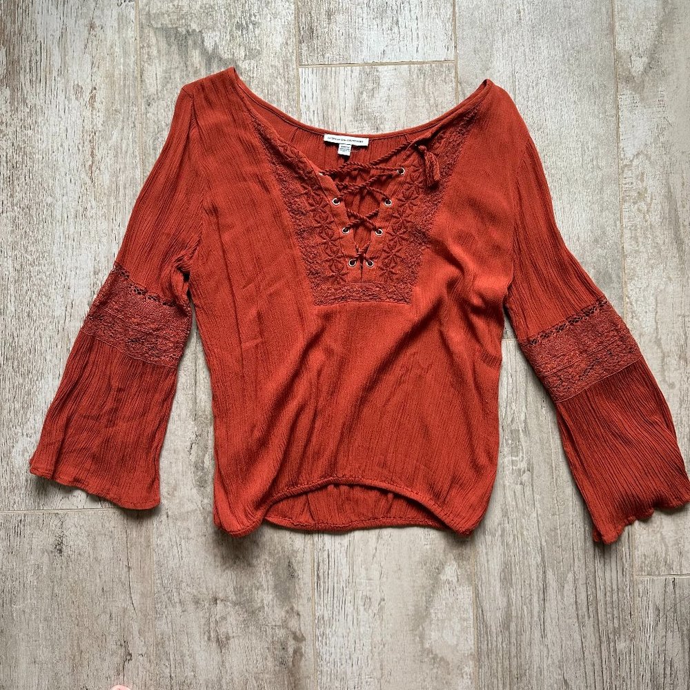 American Eagle Lace Up Bell Sleeve Top